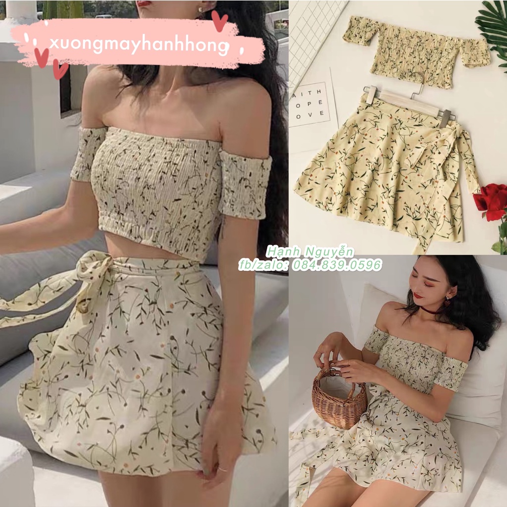 Set áo croptop chun trễ vai và chân váy vạt chéo hoa cỏ trẻ trung Quảng Châu - Xưởng May Hạnh Hồng