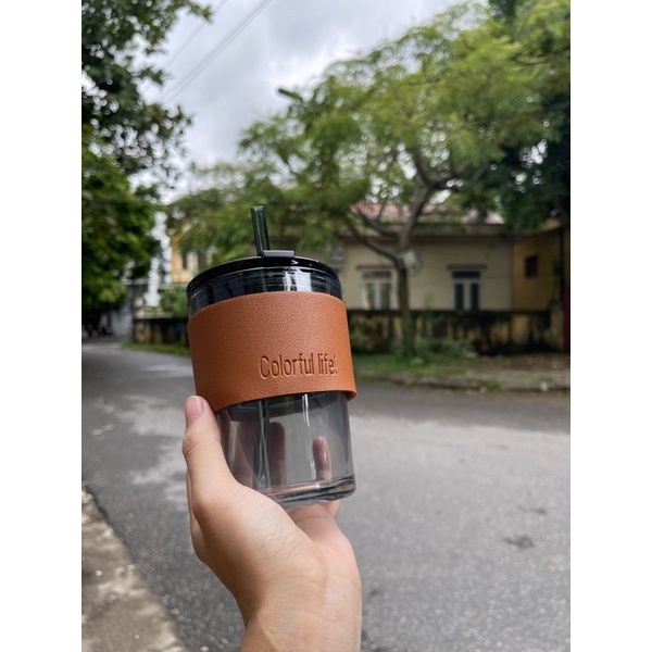 Cốc thuỷ tinh kèm Bao Da có Nắp và Ống hút tiện dụng ly thuỷ tinh dung tích 450ml uống nước cafe trà tiện dụng MinHome