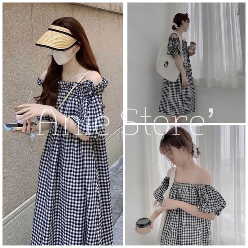 Đầm Caro Nữ Trễ Vai Bèo Vai 🦋 Váy Nữ Dáng Suông Dài Tay Bồng Hở Vai 🦋