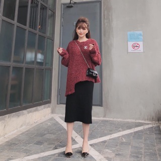 Set Áo len lông xù kèm Chân váy dài