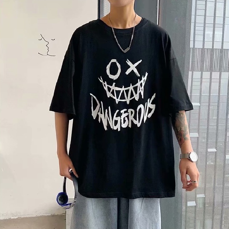 Áo thun tay ngắn cổ tròn dáng rộng in hình và chữ thời trang Hàn Quốc cỡ M-5XL cho nam