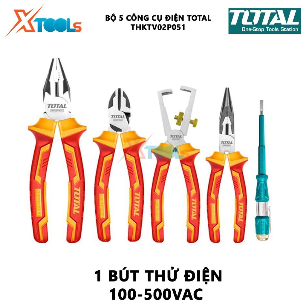 Bộ 5 công cụ cầm tay cách điện TOTAL THKTV02P051 | Đồ nghề gia dụng cách điện 1 kềm răng 7 inch , 1 kềm cắt 6 inch, 1 kề