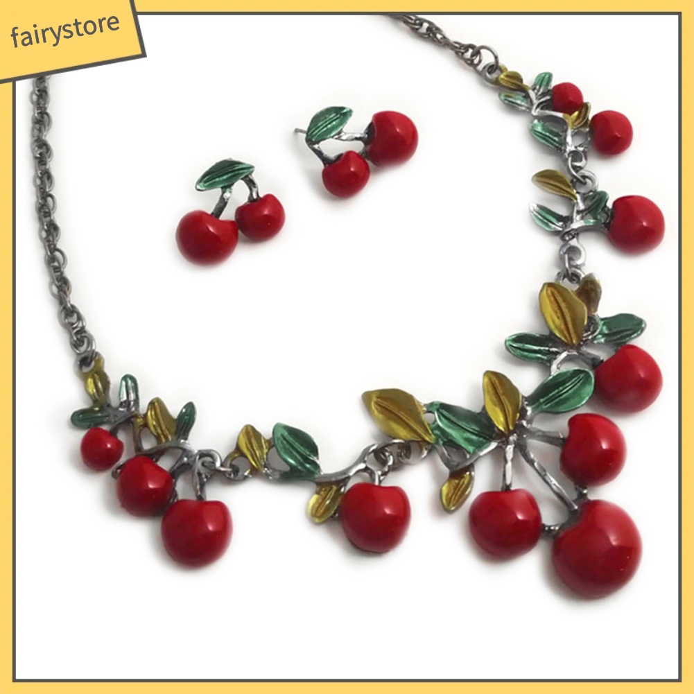 Set dây chuyền và đôi khuyên tai hình trái cherry đỏ thời trang cho nữ