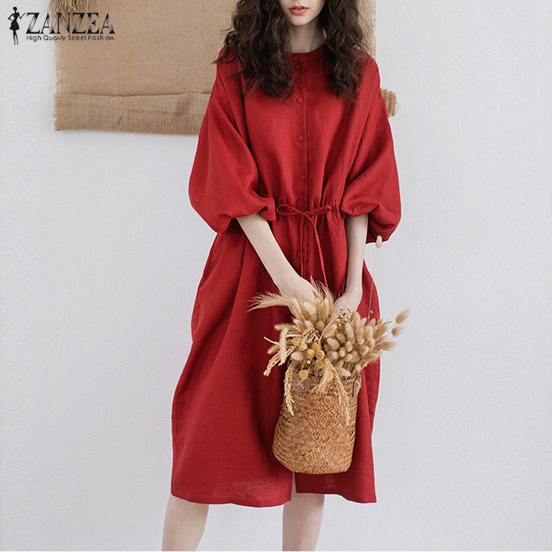 ZANZEA Đầm Nữ Tay Lỡ Cổ Tròn Eo Thắt Thời Trang Hàn | BigBuy360 - bigbuy360.vn