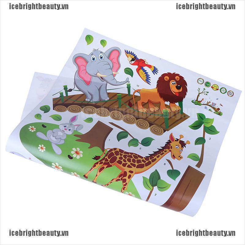 Sticker dán tường 60*90cm vẽ hình cây cầu sư tử hươu cao cổ voi chim và hoa hoạt hình 3D