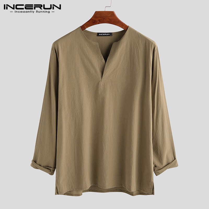 Áo vải lanh tay dài cổ chữ V cho nam