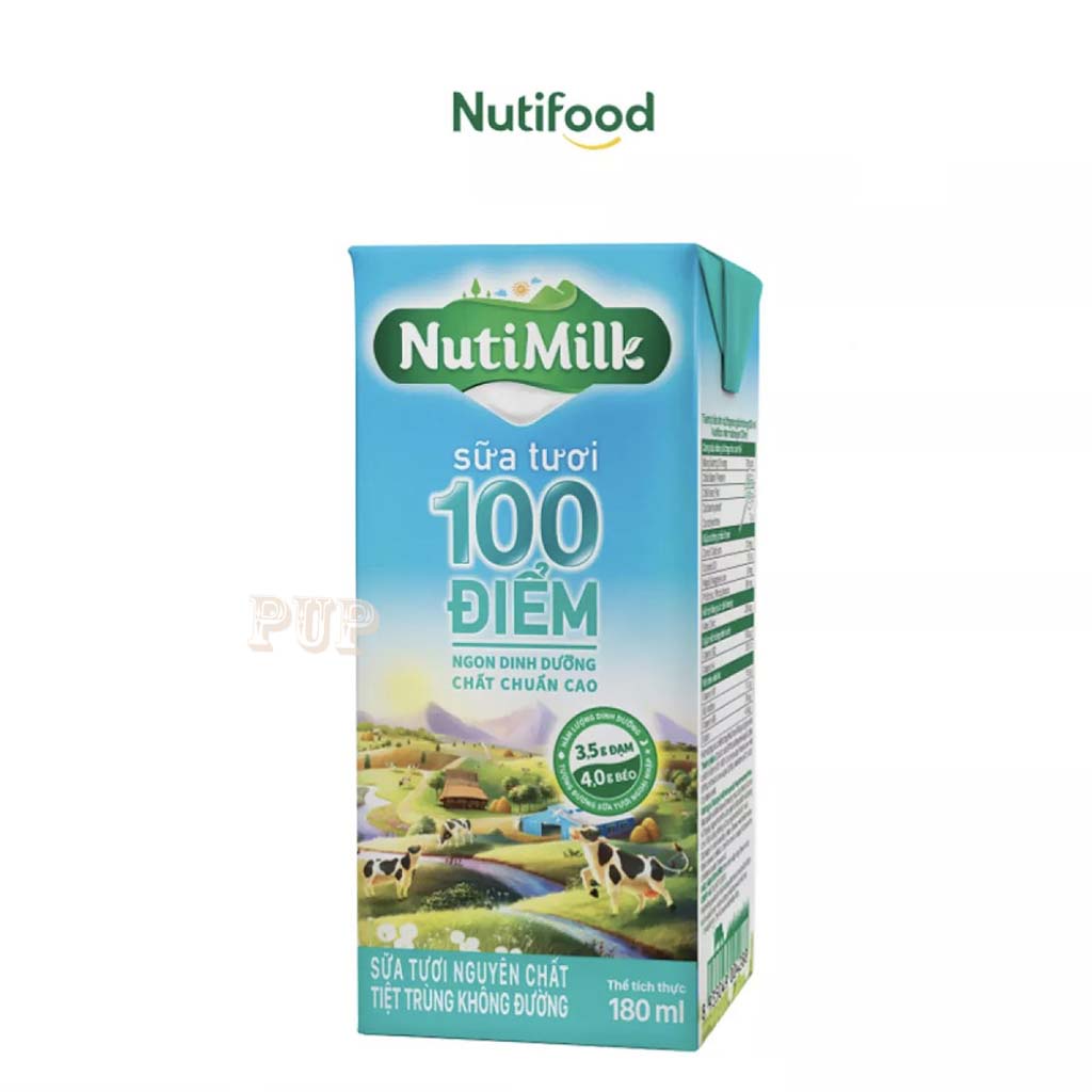 Sữa Tươi  Tiệt Trùng 100 Điểm Không Đường Nutimilk 180ml