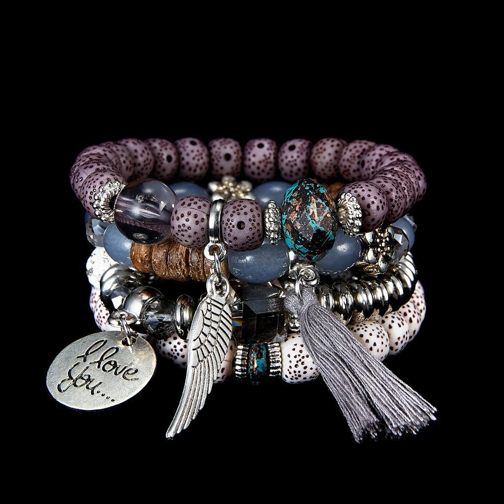 Set 4 vòng tay chuỗi hạt RINHOO FRIENDSHIP co giãn phối mặt khắc chữ I love you thời trang unisex