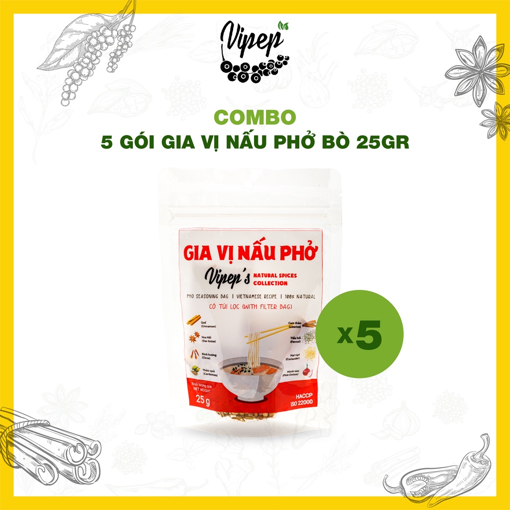 Combo 5 gói gia vị nấu phở bò, phở gà, phù hợp nấu bún bò (Vipep chuyên các gia vị tẩm ướp, hữu cơ và gia vị nêm sẵn)