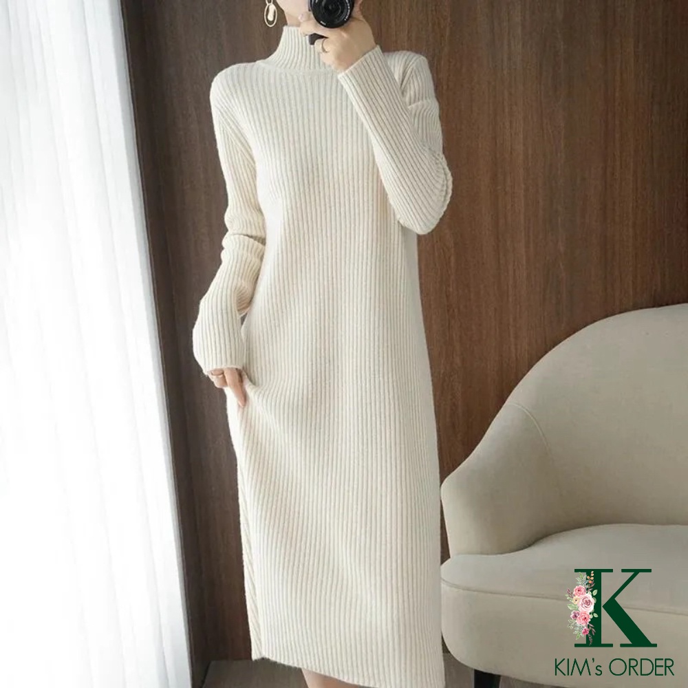 Đầm len suông nữ màu trắng be đen nâu váy len bầu phom rộng dài tay cổ tròn cao 3 phân cổ lọ xu hướng thời trang Hàn