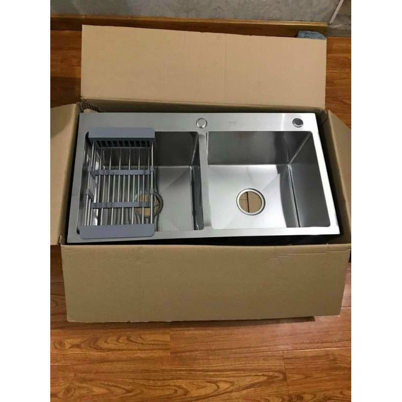 Chậu rửa chén 2 hộc inox 304. Bồn rửa bát đúc nguyên khối KT 82×45