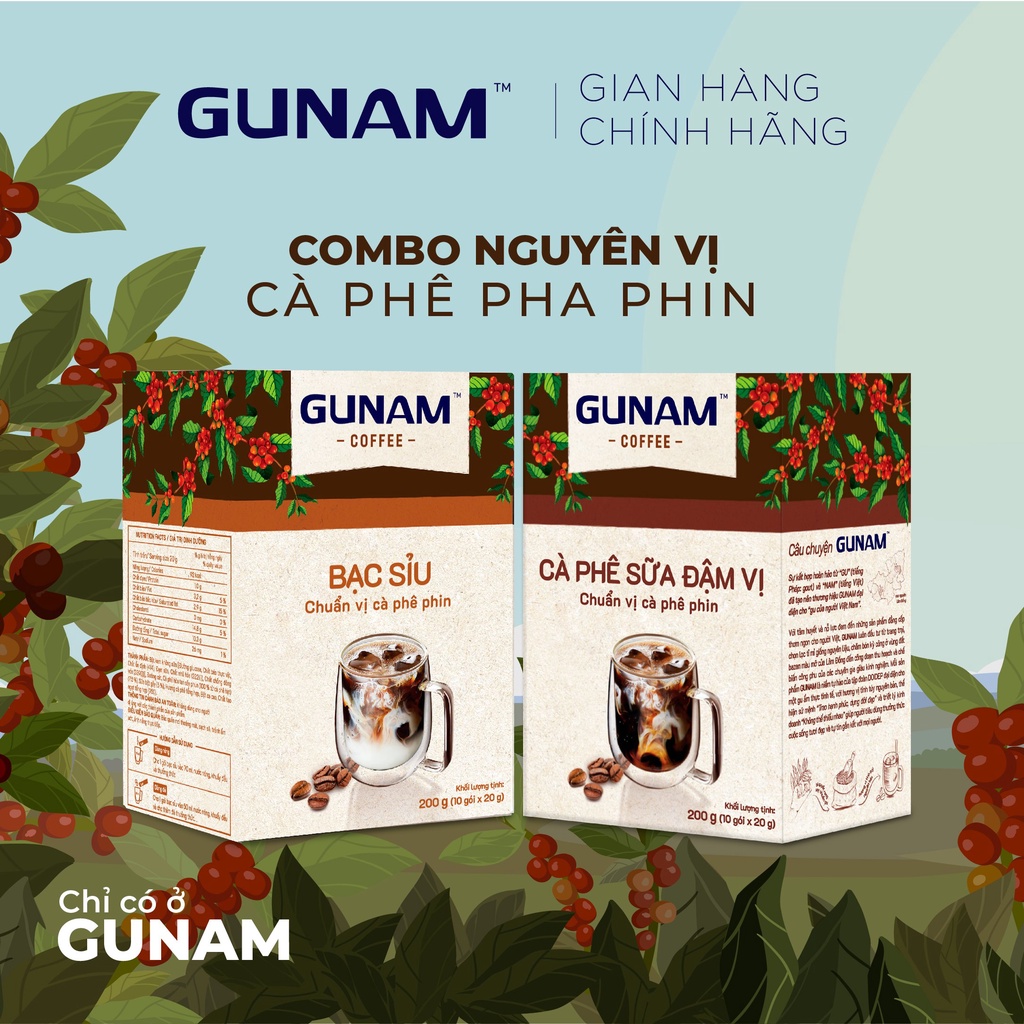 Combo Nguyên vị- cà phê hoà tan GUNAM bạc sỉu (10 gói x 20g) + cà phê hoà tan GUNAM đậm vị (10 gói x 20g)