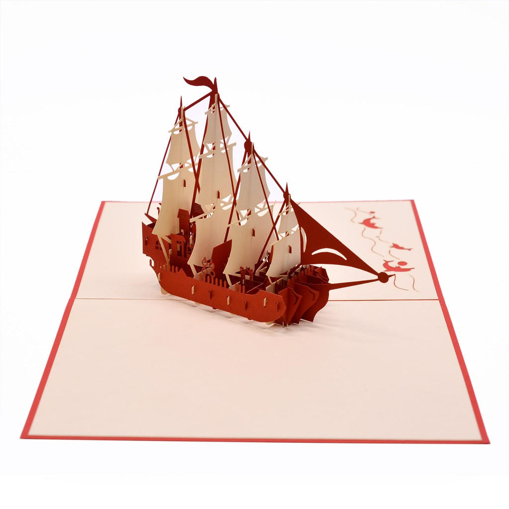 Thiệp nổi 3D handmade Mô hình thuyền, 3D pop-up card bìa lót màu kem, size 15x20 cm OC051