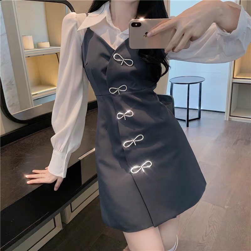 VÁY HAI DÂY ĐEN ĐÍNH NƠ PHỐI ÁO SƠ MI