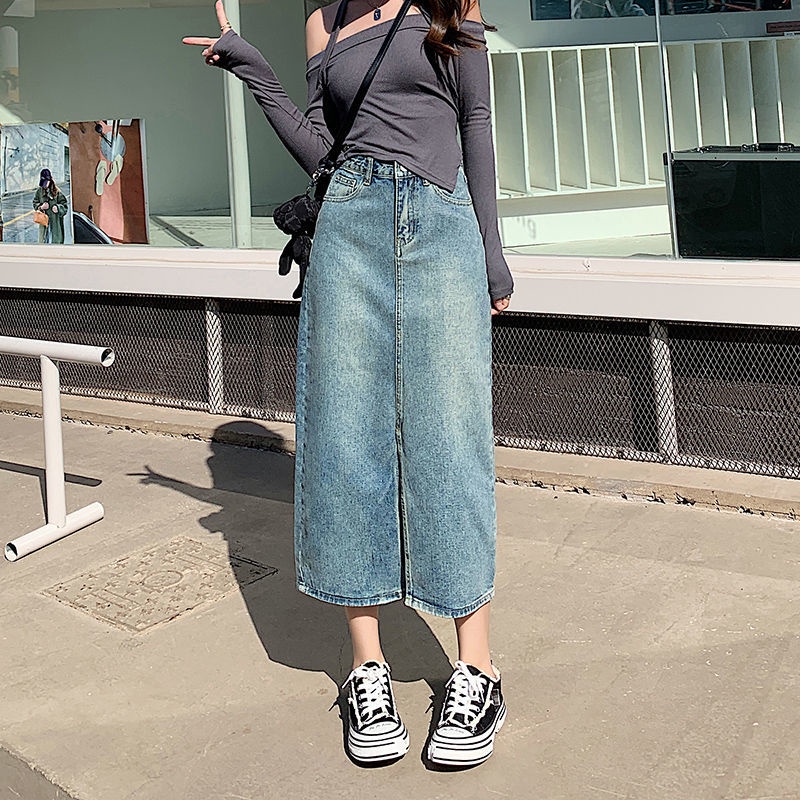 Váy Denim Cổ Điển 165048 Chân Váy Dài Qua Gối Xẻ Tà Thời Trang Cho Nữ