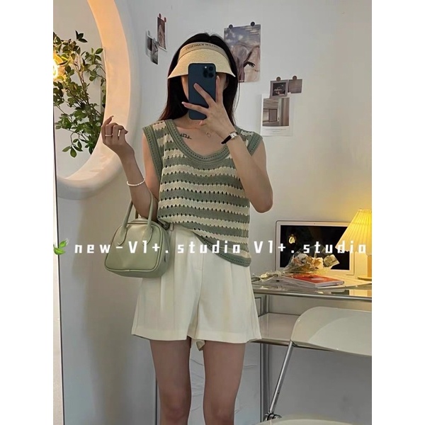 áo len lưới lỗ dệt kim sọc ngang hot hit tay ngắn &amp; không tay (bz1213#)