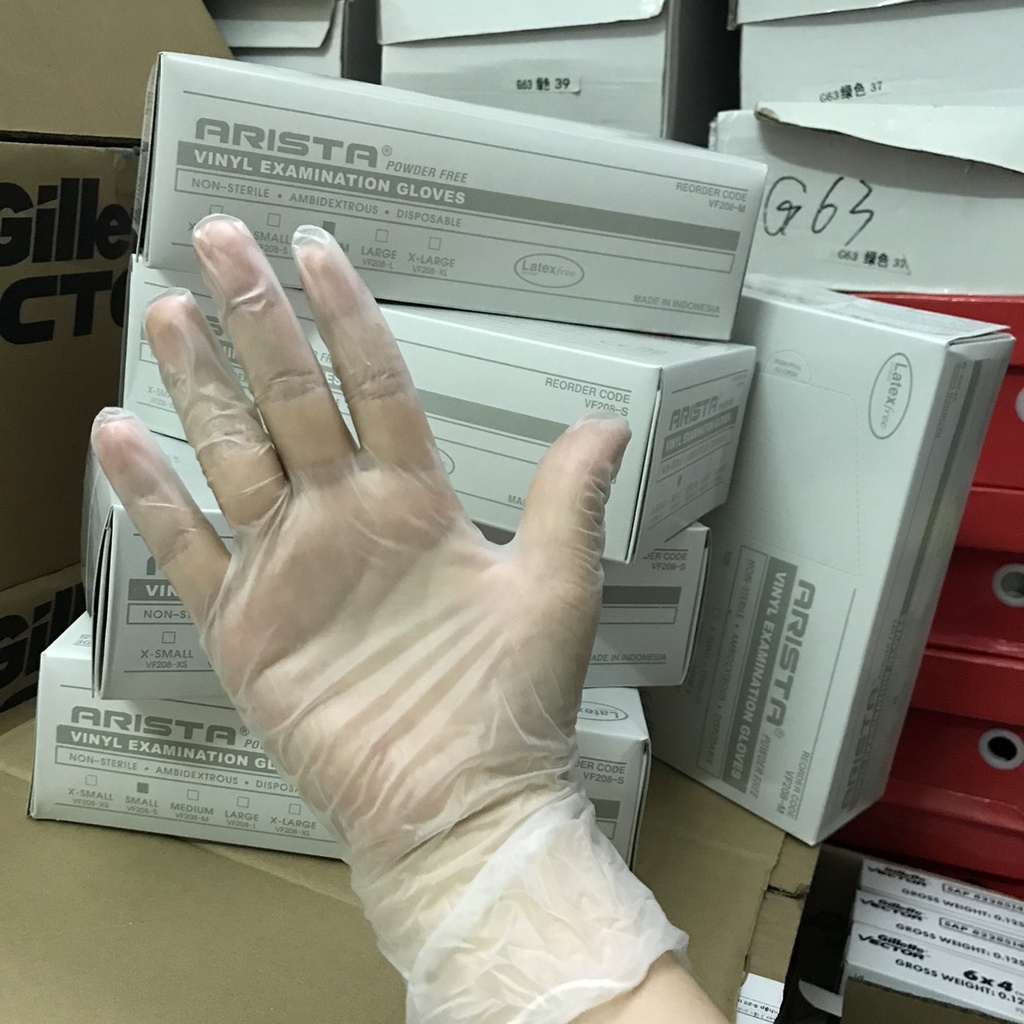 Sỉ 10 HỘP Găng tay  VINYL không bột ARiSTA an toàn,tiện dụng. 100 chiếc/ hộp