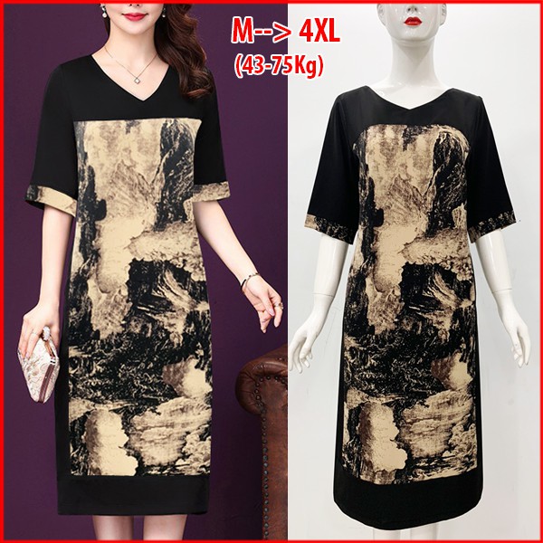GOTI - Đầm Trung Niên Bigsize Lụa Dáng Dài Qua Gối Tay Ngắn Kiểu Đầm Dự Tiệc Cho Mẹ U50, U60 Cao Cấp 3277 3276 3319