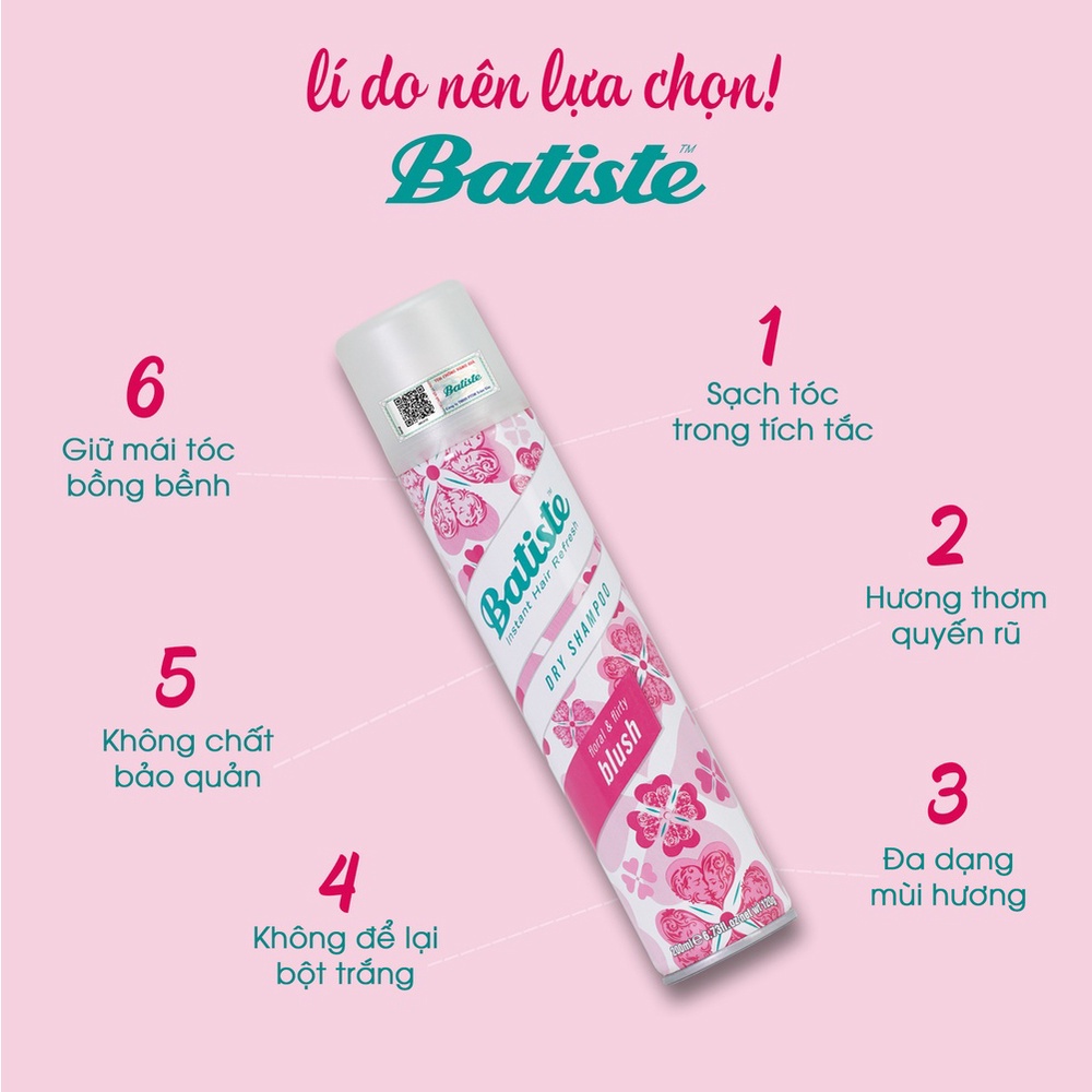 Dầu Gội Khô Batiste Dry Shampoo 200ml, Xịt Tóc Giúp Hết Bết Dính, Tóc Bồng Bềnh Tức Thì