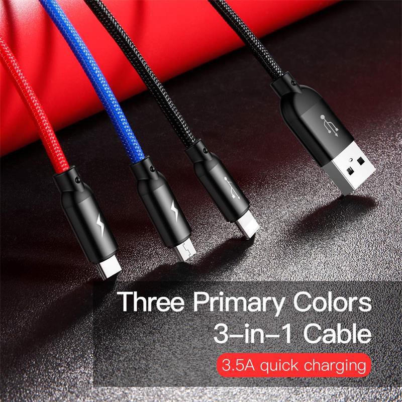 Dây Sạc Đa Năng 3 Đầu💝Cao Cấp💝Cáp Sạc Baseus 3 in 1 Truyền Dữ Liệu Tốc Độ Cao Cho Iphone Lightning/ Type-C/ Micro USB