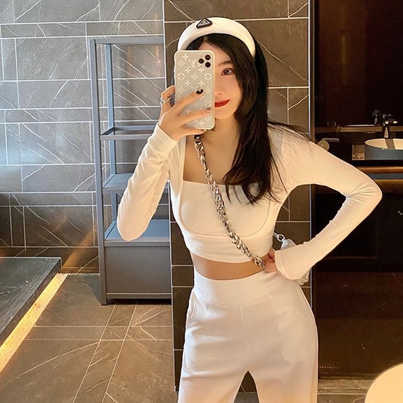 Mới Áo Thun Dệt Kim Tay Dài Cổ Vuông Thời Trang Cho Nữ