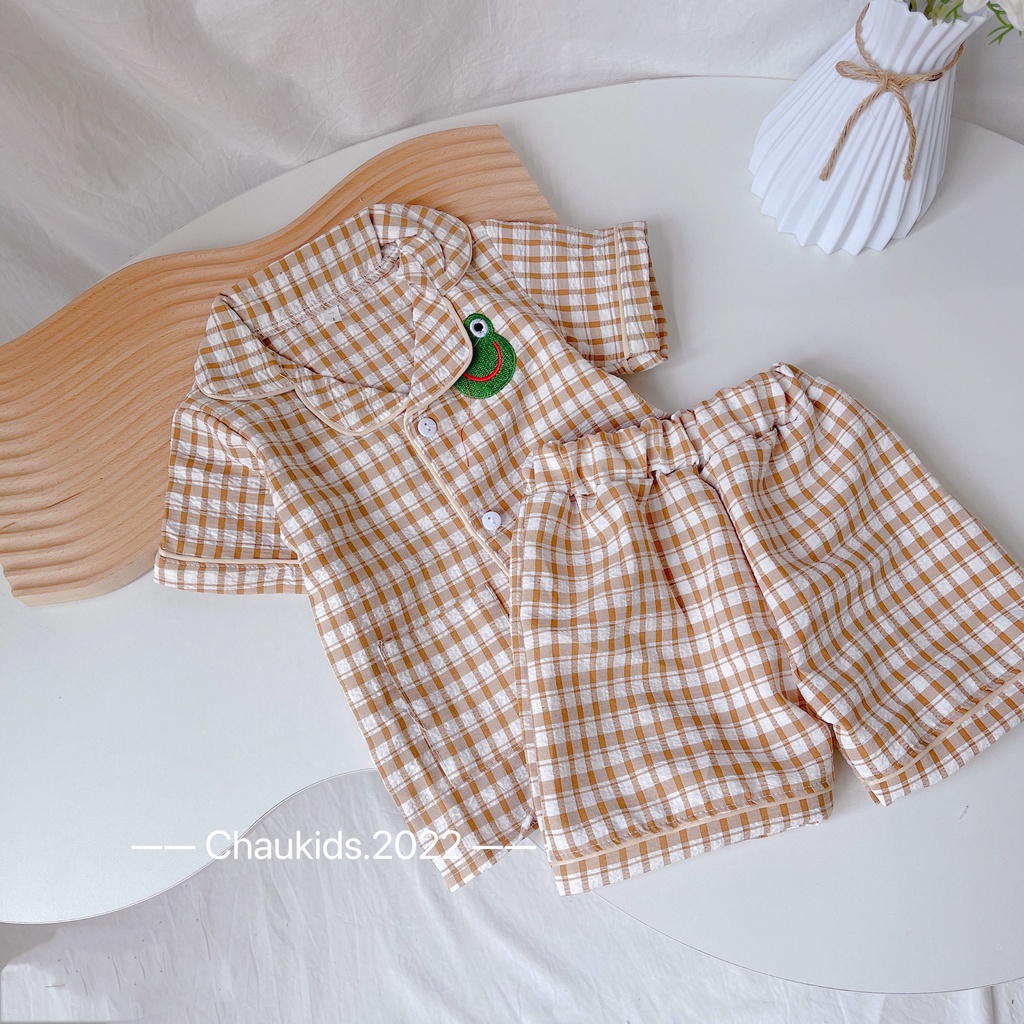 bộ pijama cho bé họa tiết kẻ thêu đắp hình thú chất thô mềm cho bé trai bé gái