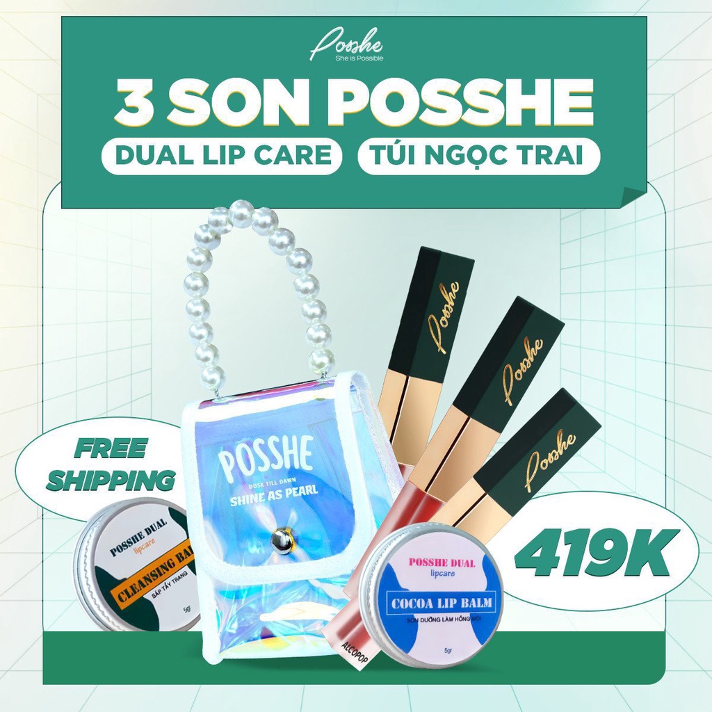 Set Túi Xách 3 Cây Son Kem 2 Đầu Posshe Siêu Lì Không Trôi - Tặng Combo Son Dưỡng + Sáp Tẩy Trang