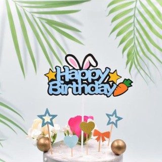 tem cắm Happy Birtday Thỏ cà rốt trang trí bánh, topper cake