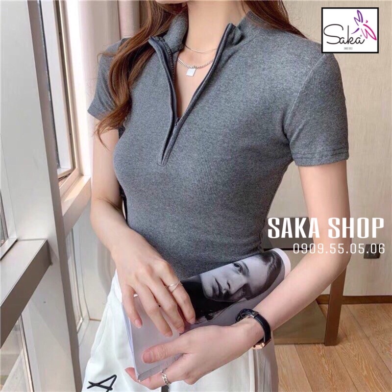 Áo croptop thun nữ dây kéo cổ sơ mi 3 màu thời trang trắng xám đen