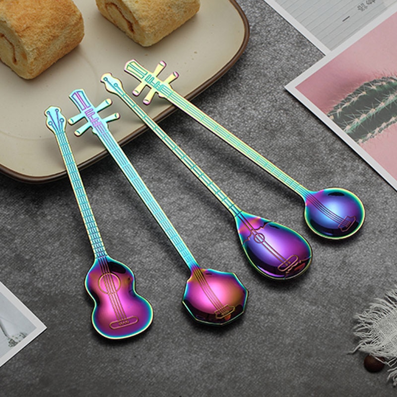 4 cái Thép không gỉ Phim hoạt hình Guitar Muỗng Khuấy Thanh mạ titan Sữa Cà phê Món tráng miệng Kẹo Teaspoon Phụ kiện Bộ muỗng