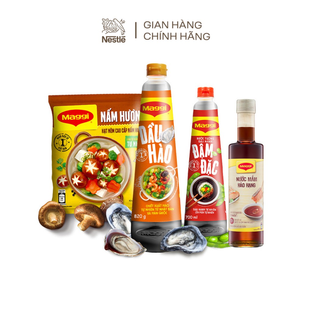 Combo Maggi gia vị trọn bộ:nước tương đậu nành đậm đặc 700ml+hạt nêm vị nấm hương gói 450g+nước mắm 490ml+dầu hào 820g