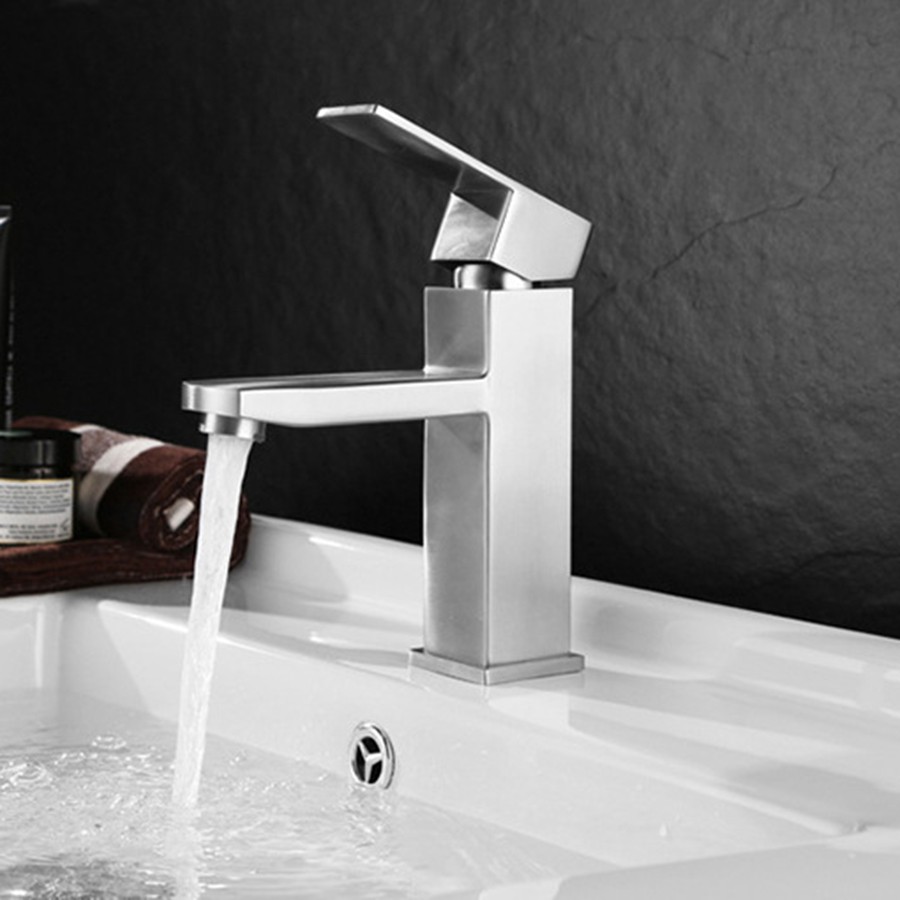 Vòi Lavabo nóng lạnh inox 304 mờ (kiểu vuông) LANKA - TẶNG KÈM 2 DÂY CẤP INOX