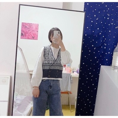 Sơ mi phối len dệt kim nữ sinh viên Nhật Bản Re Tro Hàn Quốc Ulzzang trẻ trung giảm tuổi đi học dạo phố thanh lịch