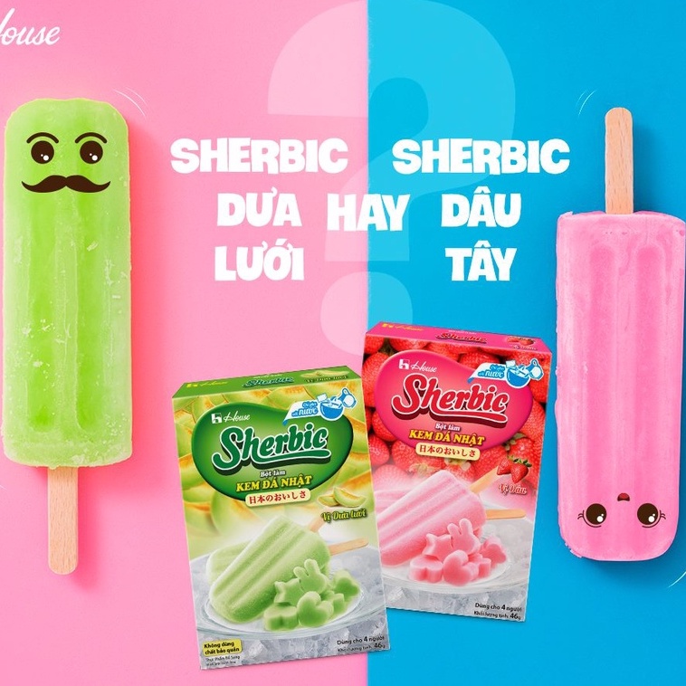 Bột Làm Kem Đá Nhật Sherbic Vị Dưa Lưới/Vị Socola Và Bạc Hà/Vị Dâu Hộp 46G