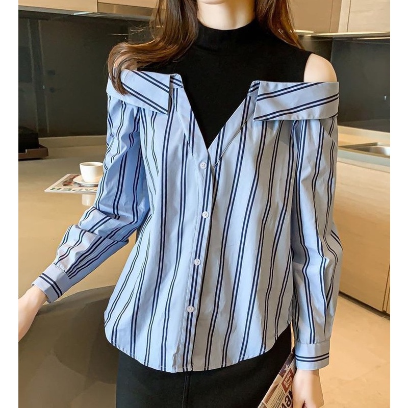 Áo Sơ Mi Vải Lụa Satin Giả Hai Lớp Họa Tiết Kẻ Sọc Màu Xanh Dương Thời Trang Cho Nữ
