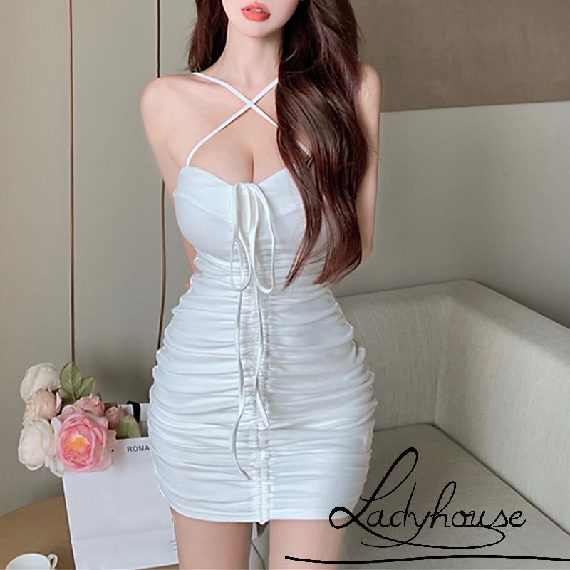 Đầm Chữ A Cổ Yếm Ôm Dáng Màu Trơn Phối Dây Rút Thời Trang Cho Nữ