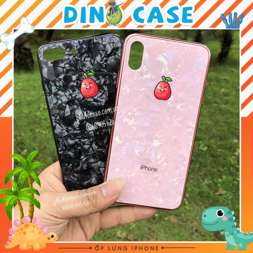 Ốp Lưng Kính Cường Lực Vân Đá Siêu Bền- Viền Silicon Đồng Màu Iphone 6 đến ProMax Dino Case