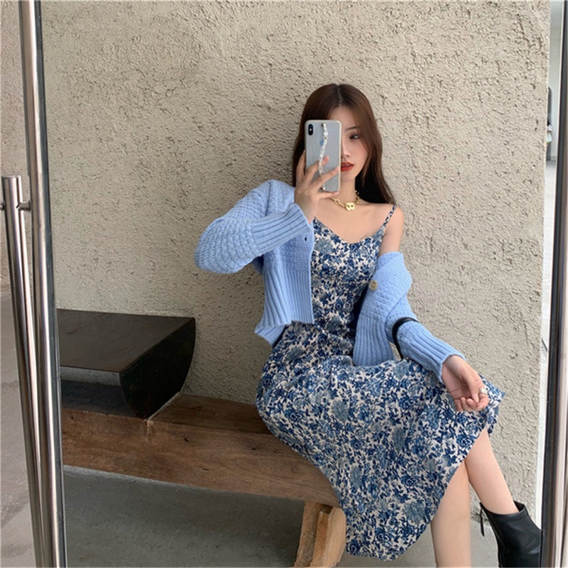 Đầm Hai Dây Dáng Ôm In Hoa Phong Cách Pháp Cổ Điển Thời Trang Xuân Thu 2021