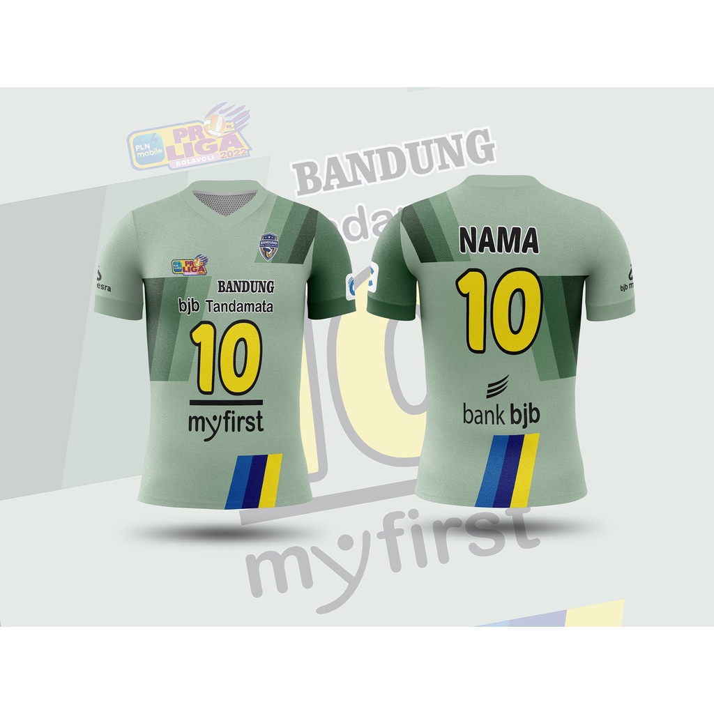 Volley ProLiga Jersey Áo Sơ Mi (Bjb Dấu Hiệu Bjb) Cổ Chữ V Màu Xanh Lá Cây + Bảng In Số Màu Xanh Lá Cho Người Lớn