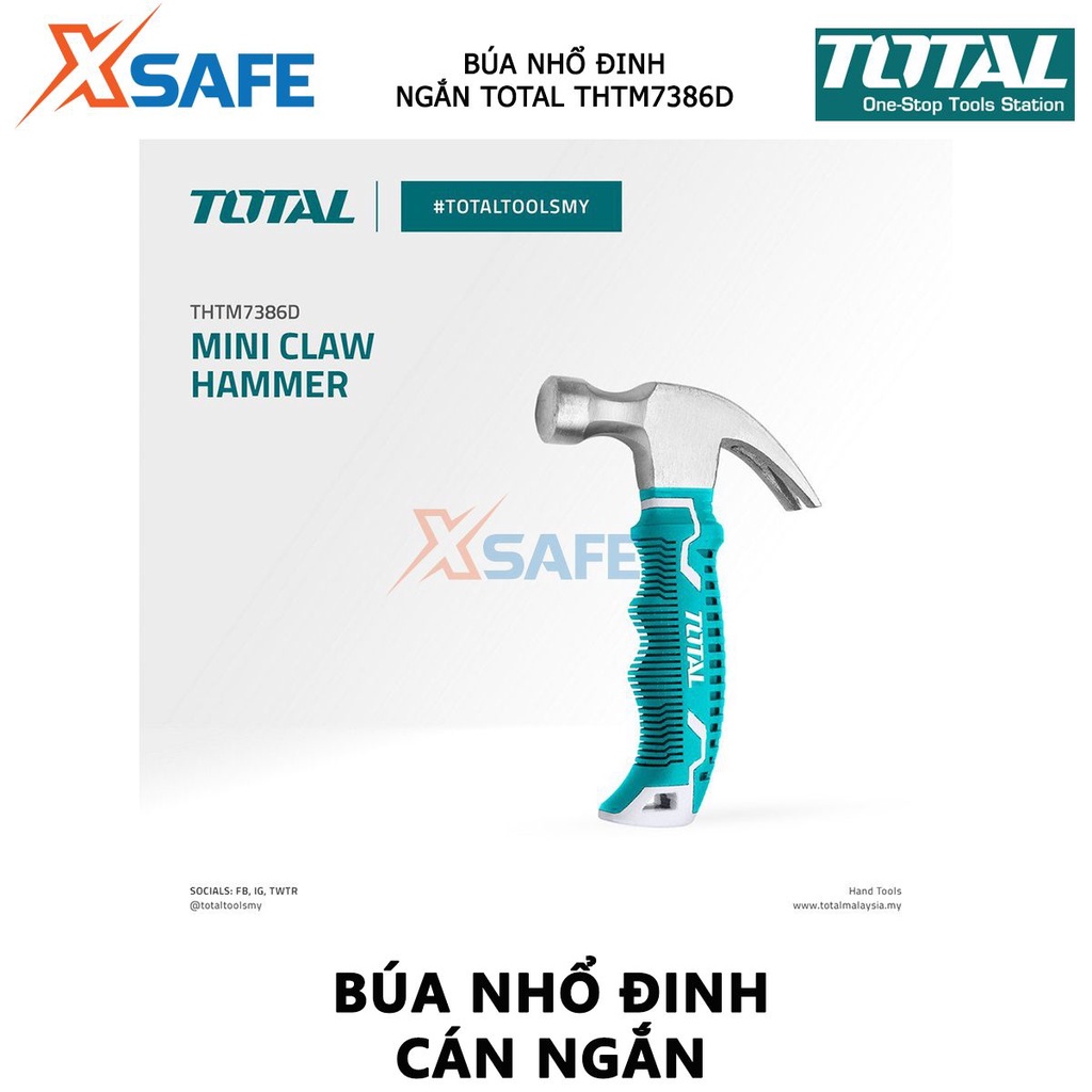 Búa nhổ đinh mini TOTAL THTM7386D Búa cầm tay thép hợp kim CR-V, đầu đúc rèn nguyên khối, kiểu dáng tay cầm đặc biệt