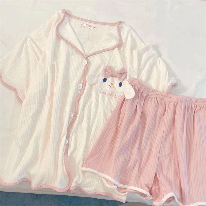 Bộ Đồ Ngủ Áo Cardigan Tay Ngắn Phối Quần Short Vải Cotton Kẻ Sọc Thêu Hình Cún Tai To Dễ Thương