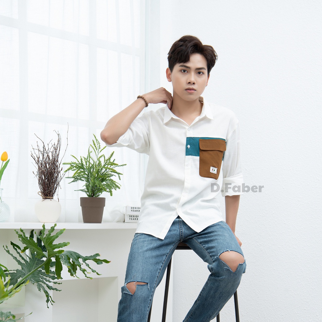 Áo sơ mi nam cổ bẻ phối túi ngực, form dáng Hàn Quốc, chất vải cotton thô pha đũi xịn