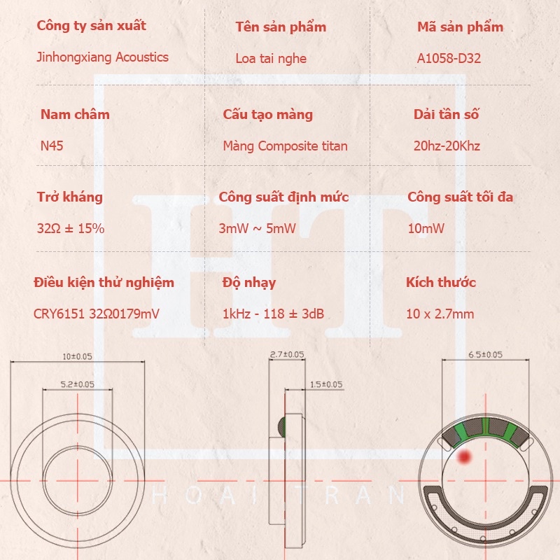 Loa tai nghe TWS A1058-D32 giảm tiếng ồn, màng titan tổng hợp siêu mỏng, cho âm thanh HD, đường kính 10mm