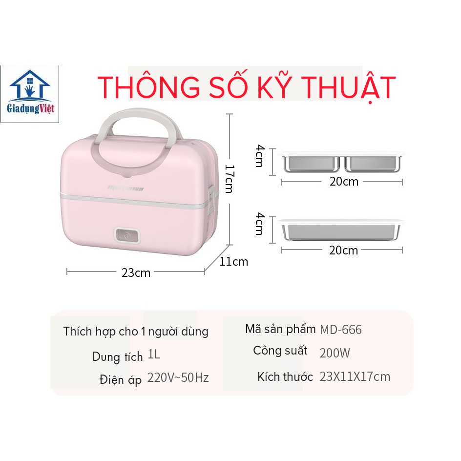 Hộp cơm cắm điện đa năng MOGAN MD666 - 2 Tầng 3 ngăn Màu Hồng - Tặng Kèm Bộ Thìa Đũa Inox