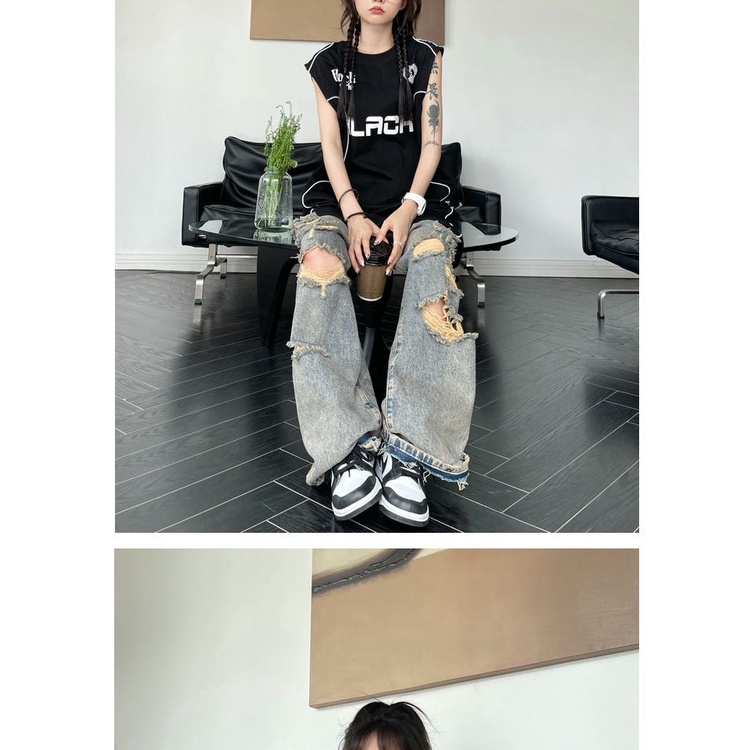 Quần Jean Ống Rộng Cạp Cao Rách Gối Phong Cách Đường Phố Mùa Hè Hàng Mới Dành Cho Bạn Nữ Mang Trong 15 Ngày