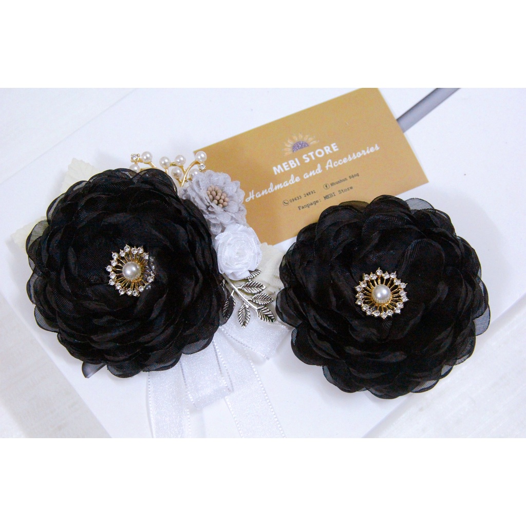 Hoa cài áo MEBIHandmade cao cấp tone màu đen siêu sang, hoa vải handmade mẫu hoa hồng đen trắng NOBOX