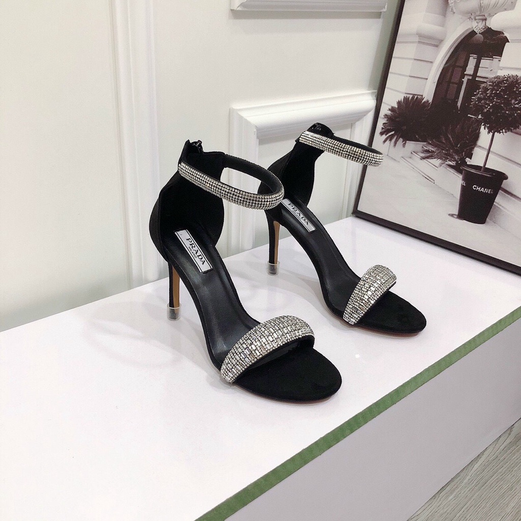 Sandal Cao Gót Nữ 9p Quai Xoàn Đá Cao Cấp Chuẩn Form Lên Chân Cực Sang - Xăng Đan Gót Nhọn Trắng Đen Chị Chảnh Store