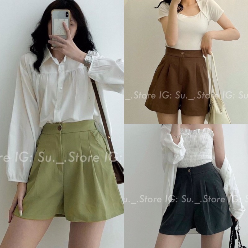 [Ảnh thật/Video]Quần short cạp cao NEW xếp li tôn dáng  Quần đùi lưng thun siêu co dãn