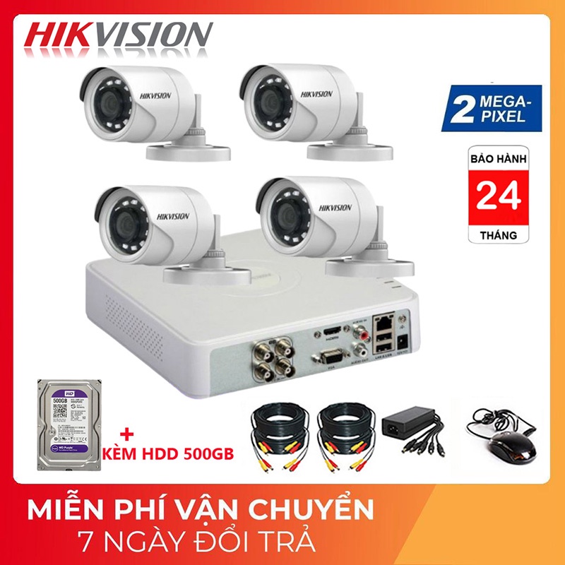 [FREESHIP⚡️]Bộ Camera giám sát HIKVISION Full HD 1080P - Trọn bộ 4 mắt 1080P + Đầu ghi + HDD500G