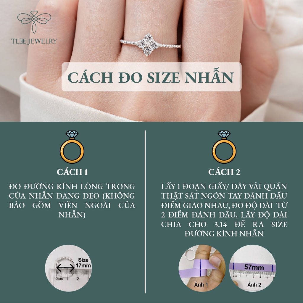 Nhẫn bạc nữ TLEE bốn lá hình thoi viền đính đá nữ tính NCJ A0195